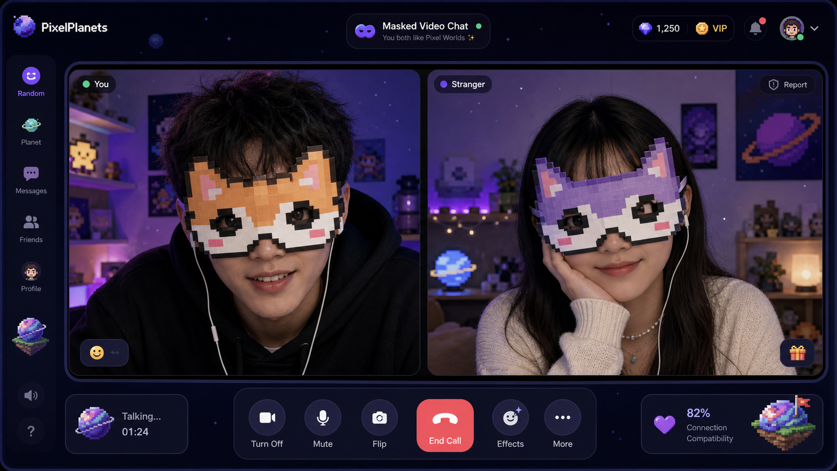 PixelPlanets masked video chat with a male and female caller wearing pixel masks
